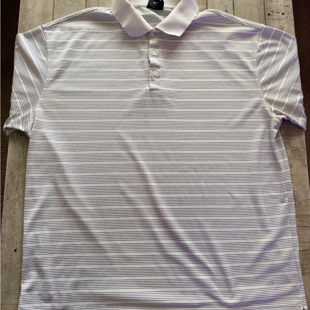Nike Men's White Polo with Light Gray Pinstripes
